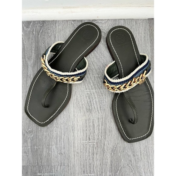 Tory Burch Mini Benton Gold Chain Band Flat Sandals Poblano Yonder Womens 6.5M - Picture 1 of 10